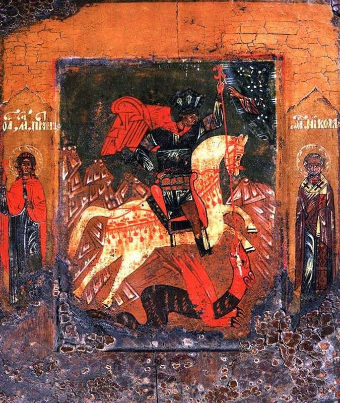 Чудо святого Георгія про змія, з Параскеви пятницею і Миколою Чудотворцем на полях