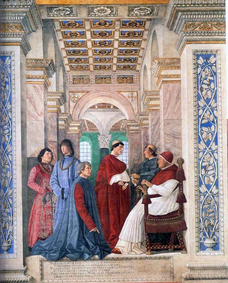 Папа Сикст IV призначає Платину зберігачем Ватиканської бібліотеки   Мелоццо та Форлі