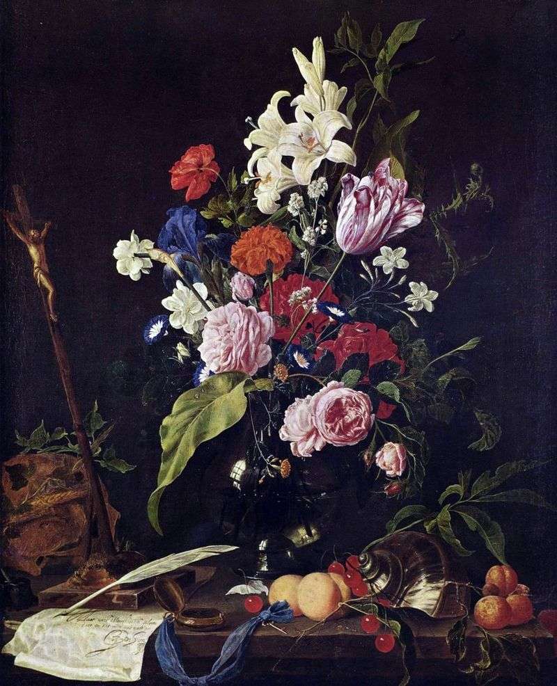 Квіти в скляній вазі і фрукти   Ян Давідс де Хем