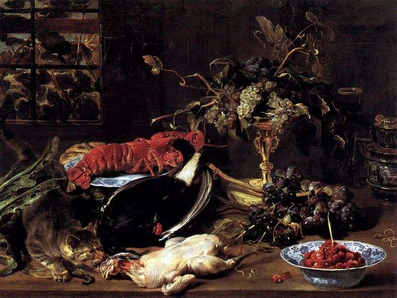 Натюрморт з голодною кішкою, омаром і фруктами   Франс Снейдерс